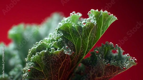 Fototapeta  A detailed close-up of vibrant green kale leaves covered in glistening water droplets set against a bold red backdrop highlighting the texture and veining of each leaf
