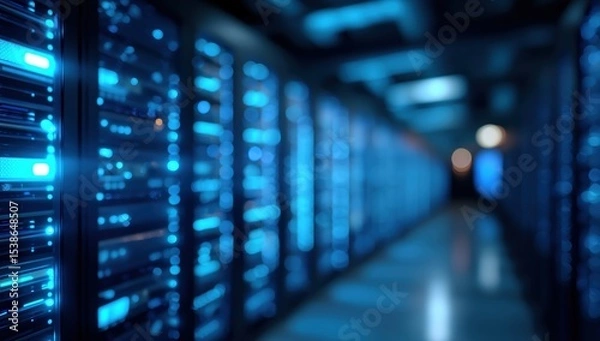 Obraz Modern server room with rows of large data center hard drives illuminated by blue lights, high resolution professional color grading, volumetric lighting, depth-of-field and photorealistic rendering.​