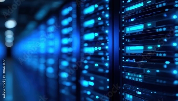 Obraz Modern server room with rows of large data center hard drives illuminated by blue lights, high resolution professional color grading, volumetric lighting, depth-of-field and photorealistic rendering.​