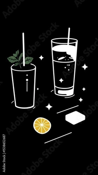 Fototapeta Mojito, soda, bar,  night, menu, minimalist, drinks, design, illustration, graphic