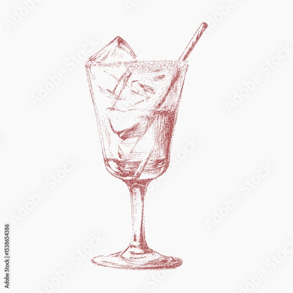 Fototapeta Handcrafted Italian style festive cocktail and aperitivo beverage with vintage ink sketch. Noisy gritty dot halftone effect, retro pop art red stipple illustration.