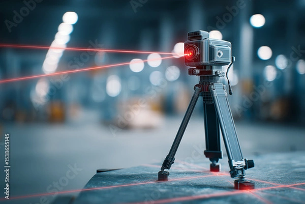 Fototapeta A high-tech 3D laser scanning machine mounted on a tripod is actively scanning an industrial object in a factory setting. Red laser grid lines are visible on the surface. 