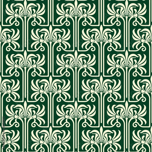 Fototapeta Vintage Art Deco Seamless Pattern. Geometric decorative with leaf texture. Retro background. Green and beige background. Beige leaf. Wallpaper
