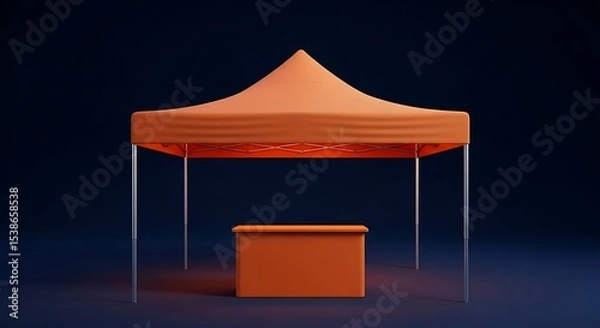 Fototapeta Orange Promotion Tent with a Display Table on a Dark Blue Background