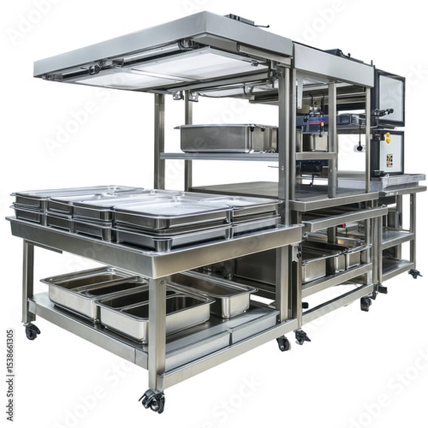 Fototapeta Modern Stainless Steel Food Preparation Station with Multiple Shelves and Containers for Efficient Kitchen Workflow on transparent background
