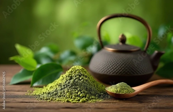 Obraz Vibrant green matcha powder pile with whole tea leaves and traditional teapot in background, organic culinary ingredient for healthy beverages and baking, natural texture.​