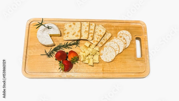Fototapeta Appetizer different types of cheeses on cutting board with fresh strawberries isolated in white background.