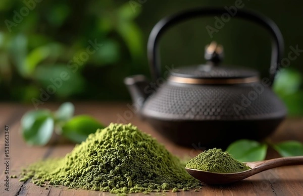 Obraz Vibrant green matcha powder pile with whole tea leaves and traditional teapot in background, organic culinary ingredient for healthy beverages and baking, natural texture.​