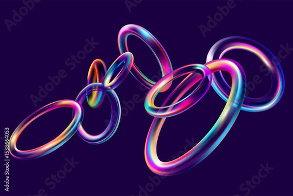 Obraz  3D glass rings on dark background. Colorful transparent geometric shape in glassmorphism style