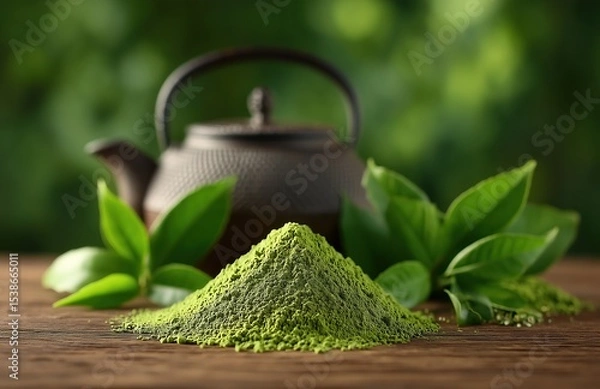 Obraz Vibrant green matcha powder pile with whole tea leaves and traditional teapot in background, organic culinary ingredient for healthy beverages and baking, natural texture.​