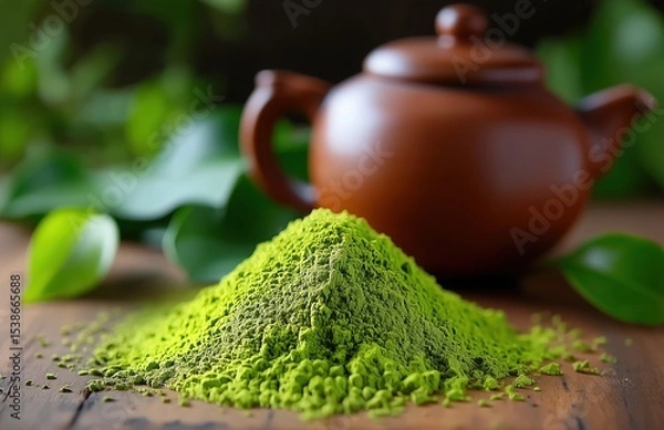 Obraz Vibrant green matcha powder pile with whole tea leaves and traditional teapot in background, organic culinary ingredient for healthy beverages and baking, natural texture.​