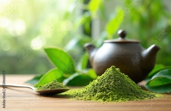 Obraz Vibrant green matcha powder pile with whole tea leaves and traditional teapot in background, organic culinary ingredient for healthy beverages and baking, natural texture.​