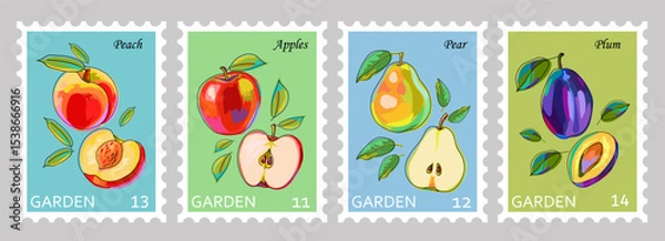 Fototapeta Postage stamps with fruits. Fruit stickers with apple, pear, plum and peach on colored backgrounds. Whole and sliced ​​fruits with leaves. Set of hand drawn vector illustrations. Cartoon.