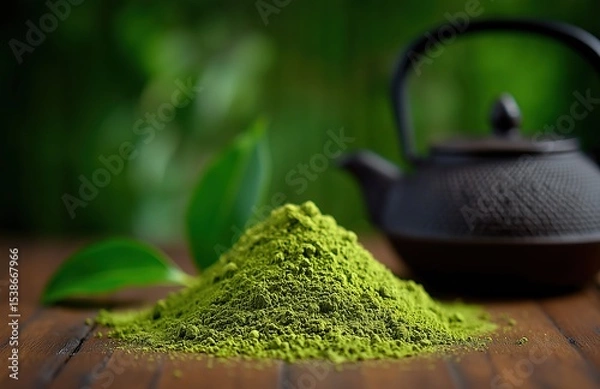 Obraz Vibrant green matcha powder pile with whole tea leaves and traditional teapot in background, organic culinary ingredient for healthy beverages and baking, natural texture.​