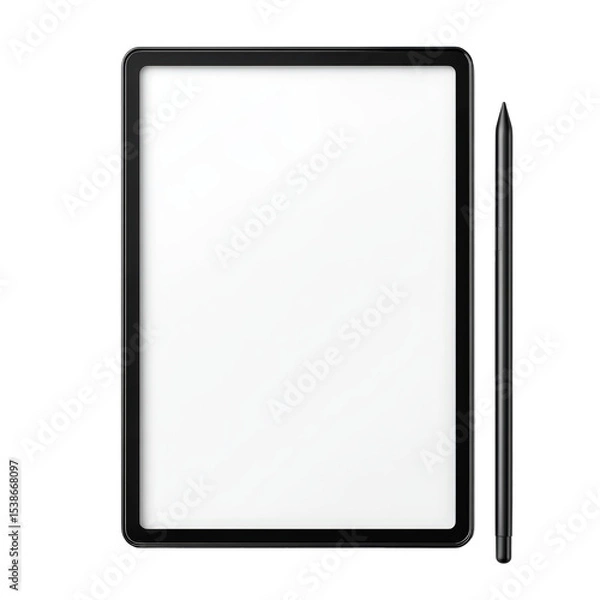 Fototapeta A black tablet with a white background and two black pens. The tablet is empty and the pens are placed on either side of it