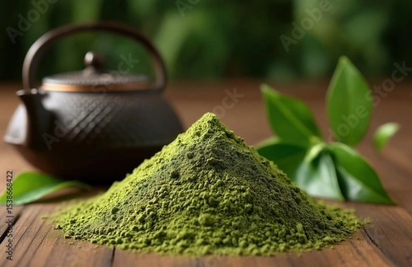 Obraz Vibrant green matcha powder pile with whole tea leaves and traditional teapot in background, organic culinary ingredient for healthy beverages and baking, natural texture.​