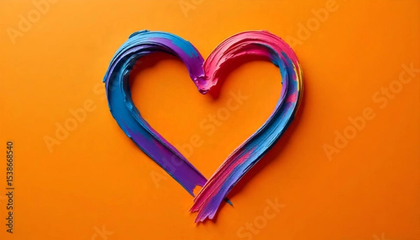 Obraz A vibrant heart shape made with colorful brush strokes, isolated on a bold orange background, symbolizing love, creativity, and artistic expression.

