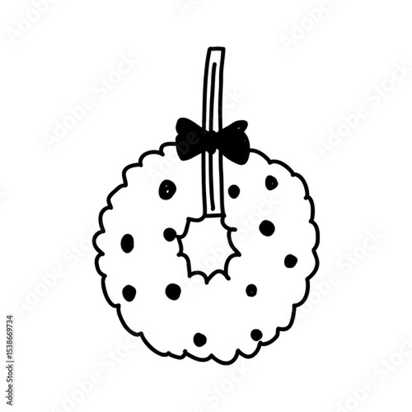 Fototapeta Hand drawn hanging wreath with bow, cartoon doodle vector illustration isolated on white background. Cute Christmas wreath.