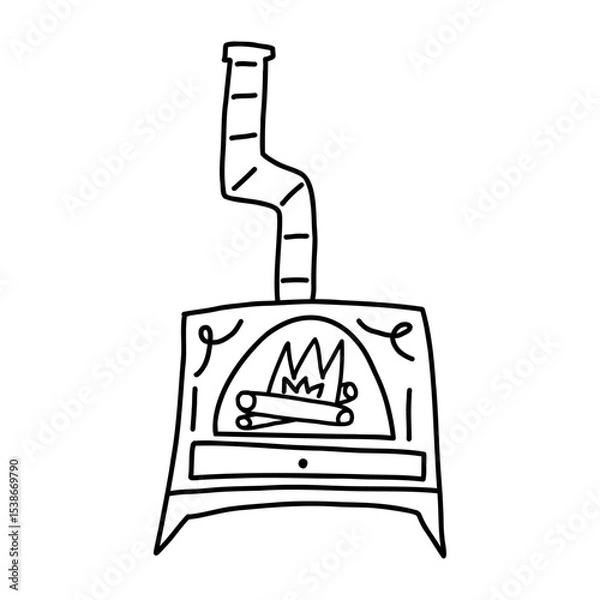 Fototapeta Fireplace in outline doodle style, hand drawn vector illustration isolated on white background. Cozy indoor fireplace drawing.