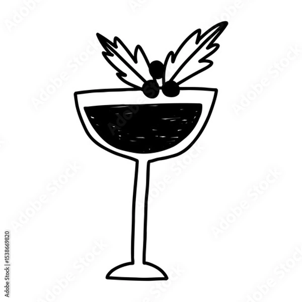 Fototapeta Elegant winter cocktail in hand drawn doodle style, vector illustration isolated on white background. Christmas drink outline drawing.