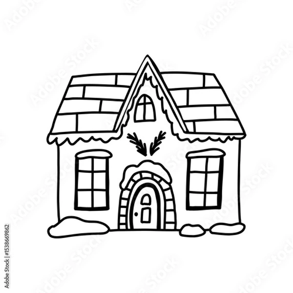 Fototapeta WInter house outline doodle, vector illustration isolated on white background. Cute hand drawn house with snow and Christmas decoration.