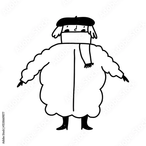 Fototapeta Girl wearing funny big winter coat, cartoon doodle vector illustration isolated on white background. Hand drawn character outline drawing.