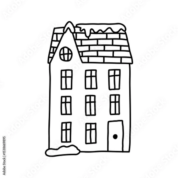 Fototapeta Hand drawn residential building cartoon doodle vector illustration isolated on white background. Winter house with snow in outline style.