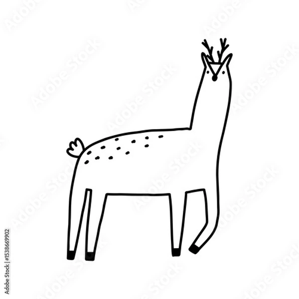 Fototapeta Cute reindeer in hand drawn doodle style, vector illustration isolated on white background. Wild animal outline drawing.
