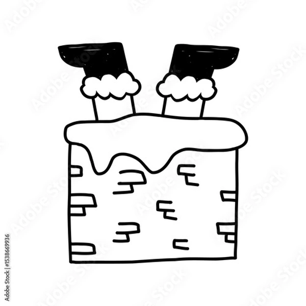 Fototapeta Santa Claus legs stuck in chimney, cartoon doodle vector illustration isolated on white background. Cute Christmas outline drawing.