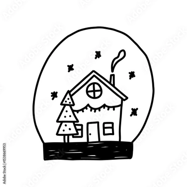 Fototapeta Cute snow globe with snowy house inside, cartoon doodle vector illustration isolated on white background. Winter and Christmas decoration outline drawing.