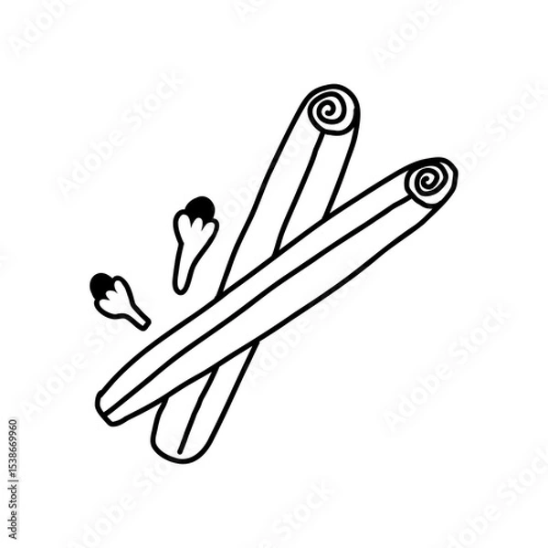 Fototapeta Cinnamon sticks and cloves in hand drawn doodle style, vector illustration isolated on white background. Aromatic spices cartoon outline drawing.
