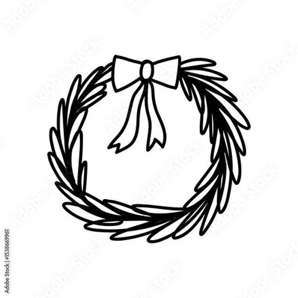 Fototapeta Hand drawn hanging wreath with bow, cartoon doodle vector illustration isolated on white background. Cute Christmas wreath.