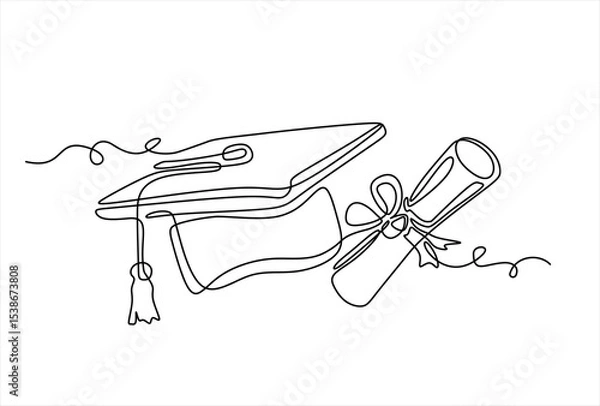 Obraz Continuous cap one line art drawing of graduation hat with diploma with ribbon concept outline vector. Hand drawn one line vector. Editable stroke