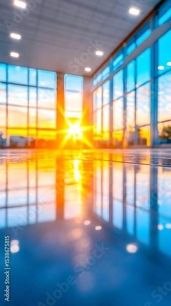 Fototapeta Sunset illuminating modern building lobby floor