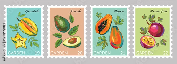 Fototapeta Postage stamps with fruits. Fruit stickers with carambola, avocado, papaya and passion fruit on colored backgrounds. Whole and sliced ​​fruits with leaves. Set of hand drawn vector. Cartoon.
