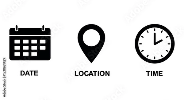 Fototapeta Date location time icons for event planning and scheduling design vector illustration