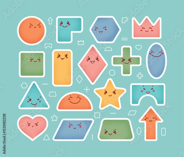 Fototapeta Colorful Cute Geometric Shapes Vector Sticker Set, Variety of Happy Kawaii Faces, Fun Educational Design for Preschool, Back to School, Kids Learning
