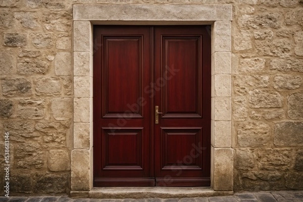 Fototapeta A historic structure featuring a deep crimson double entrance set within a stone facade