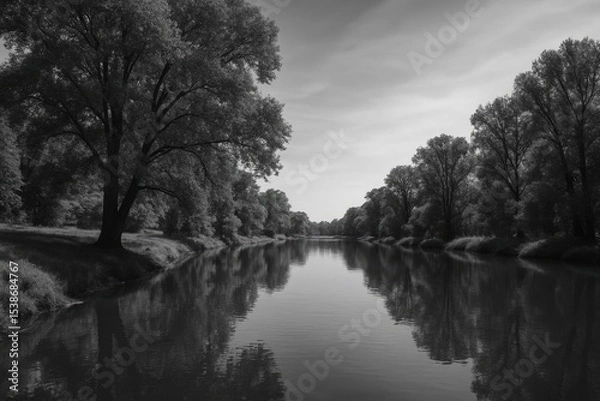 Fototapeta Monochrome scenery depicting a peaceful riverside with abundant foliage and a bright sky