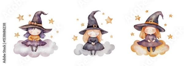 Obraz Little witch sits on cloud among stars. Children's watercolor illustration set of cute halloween character with closed eyes and smile. Isolated clipart with clear even edge on transparent background