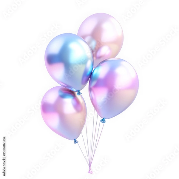 Fototapeta 3D holographic balloons with molten chrome texture. Y2K pastel shine, glossy metallic reflections, abstract fluid shape, isolated.
