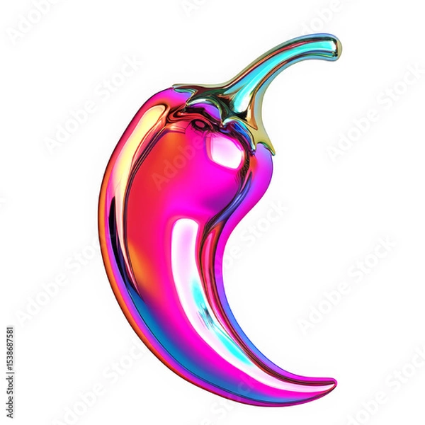 Fototapeta Abstract 3D chili pepper in holographic chrome. Y2K pastel palette, liquid shiny surface, surreal candy form with metallic gloss and softness.