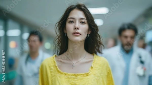 Obraz Confident Woman in Yellow Walking Through Hospital Corridor Surrounded by Medical Professionals
