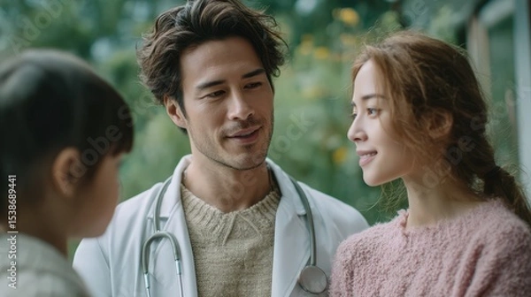 Obraz Caring Doctor Interacting with Patients in a Natural Setting, Fostering Compassion and Trust in Healthcare Environment