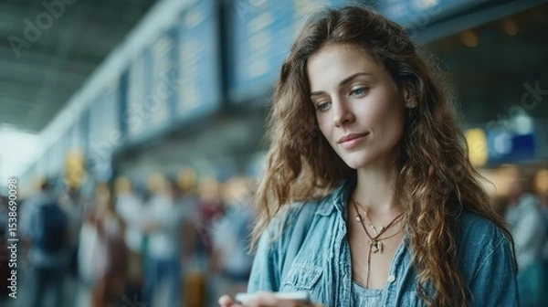 Obraz Young woman using smartphone at busy airport terminal, digital connectivity, travel lifestyle, casual style, social interaction