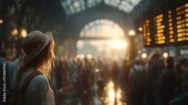 Obraz Young woman with hat gazes at bustling train station during rain, surrounded by travelers and glowing sunlight in background