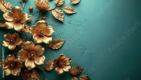 Fototapeta Elegant golden floral patterns on teal background create stunning design, evoking sense of luxury and beauty