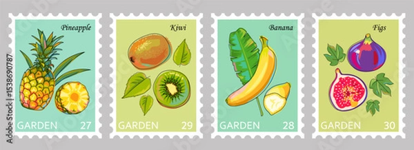 Fototapeta Postage stamps with fruits. Fruit stickers with figs, pineapple, kiwi and banana on colored backgrounds. Whole and sliced ​​fruits with leaves. Set of hand drawn vector illustrations. Cartoon.