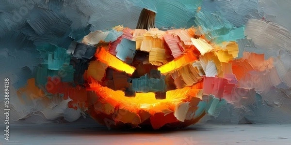 Fototapeta Glowing jack-o'-lantern in expressive impasto style with vibrant brushstrokes on textured background. Concept of Halloween, artistic fantasy, and festive creativity