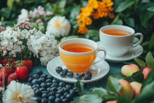 Fototapeta Sunlit Serenity, Waffles, Tea, and Flowers. Generative AI